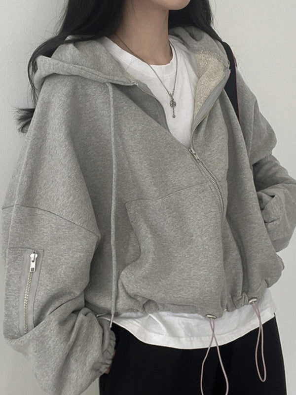 Vintage Grau Oversize Hoodie mit Reißverschluss und Kordelzug