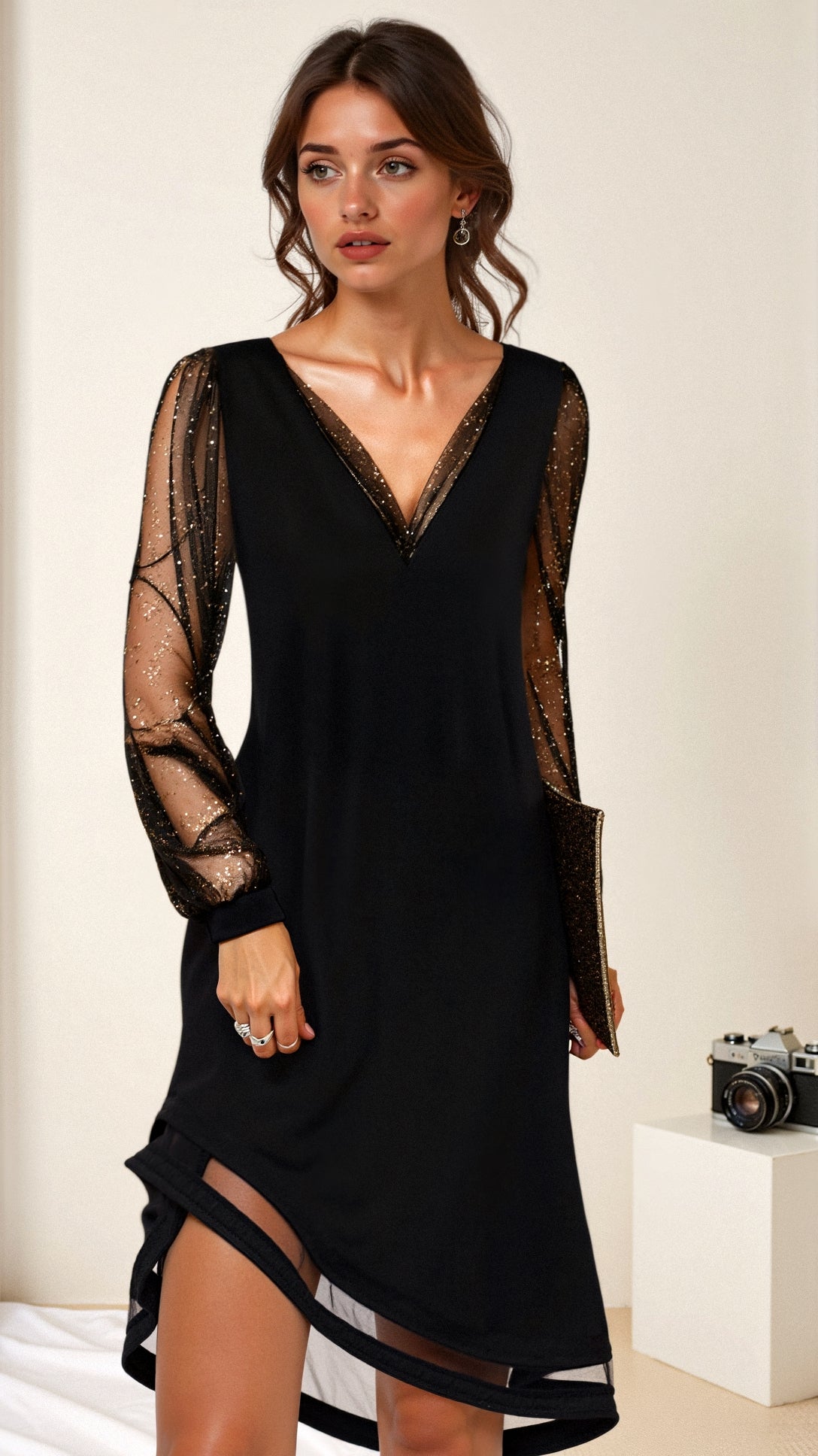 Damen Glitzerndes Mini-Abendkleid | Langarm