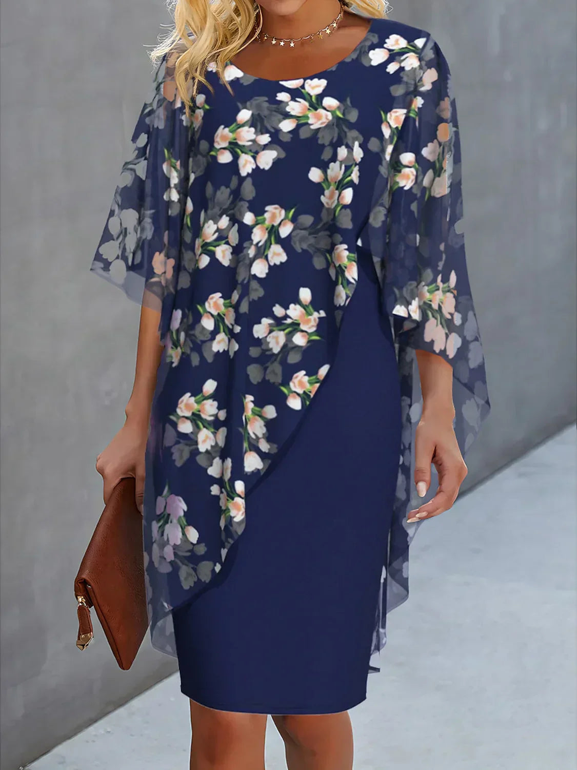 Damen Blumenmuster Bleistiftkleid | Rundhalsausschnitt