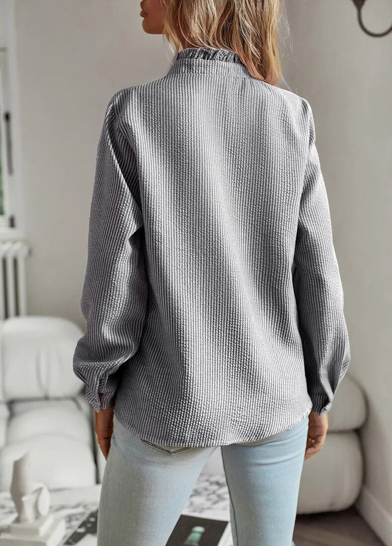 Damen Rüschenbesatz Knopfleiste Bluse | Langärmlig
