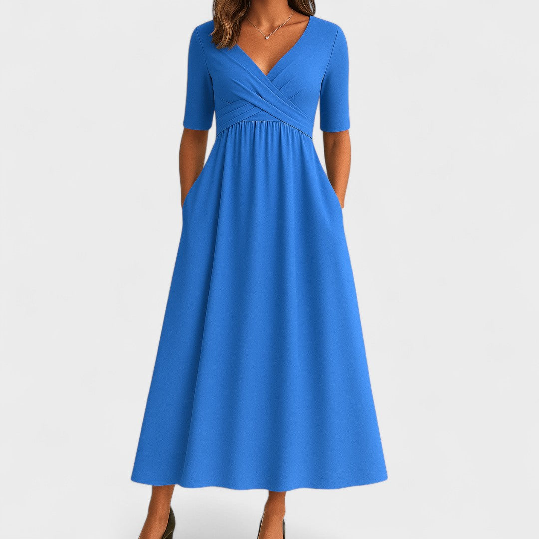 Damen Sommer Wickelkleid Mit Kurzen Ärmeln Und V-Ausschnitt | Midi