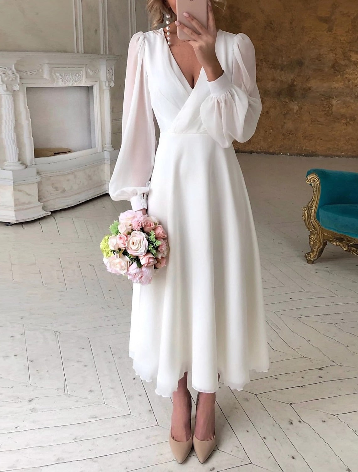 Damen Langärmeliges Weißes Kleid | Midi