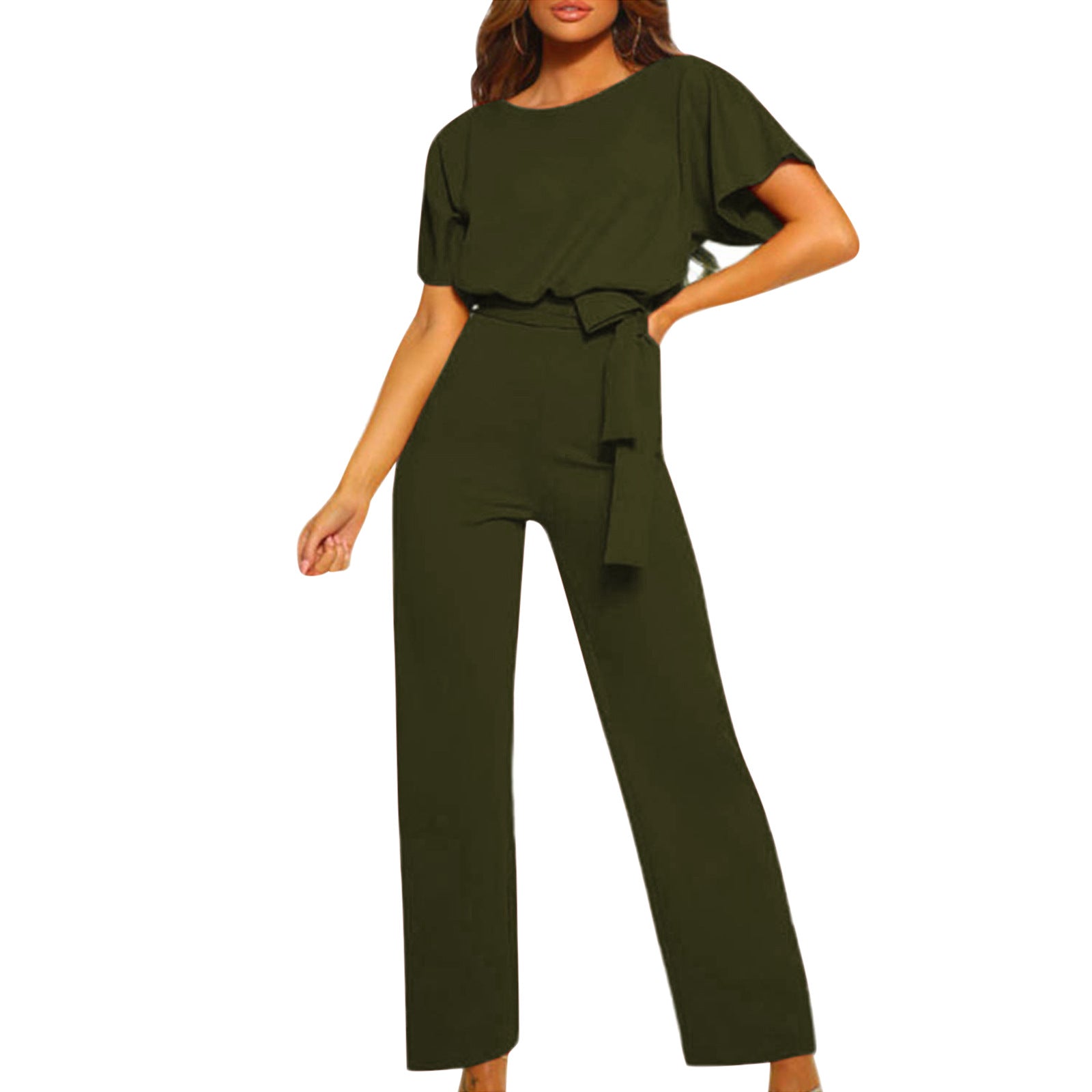 Damen Rundhalsausschnitt Weites Bein Jumpsuit | mit Bindegürtel