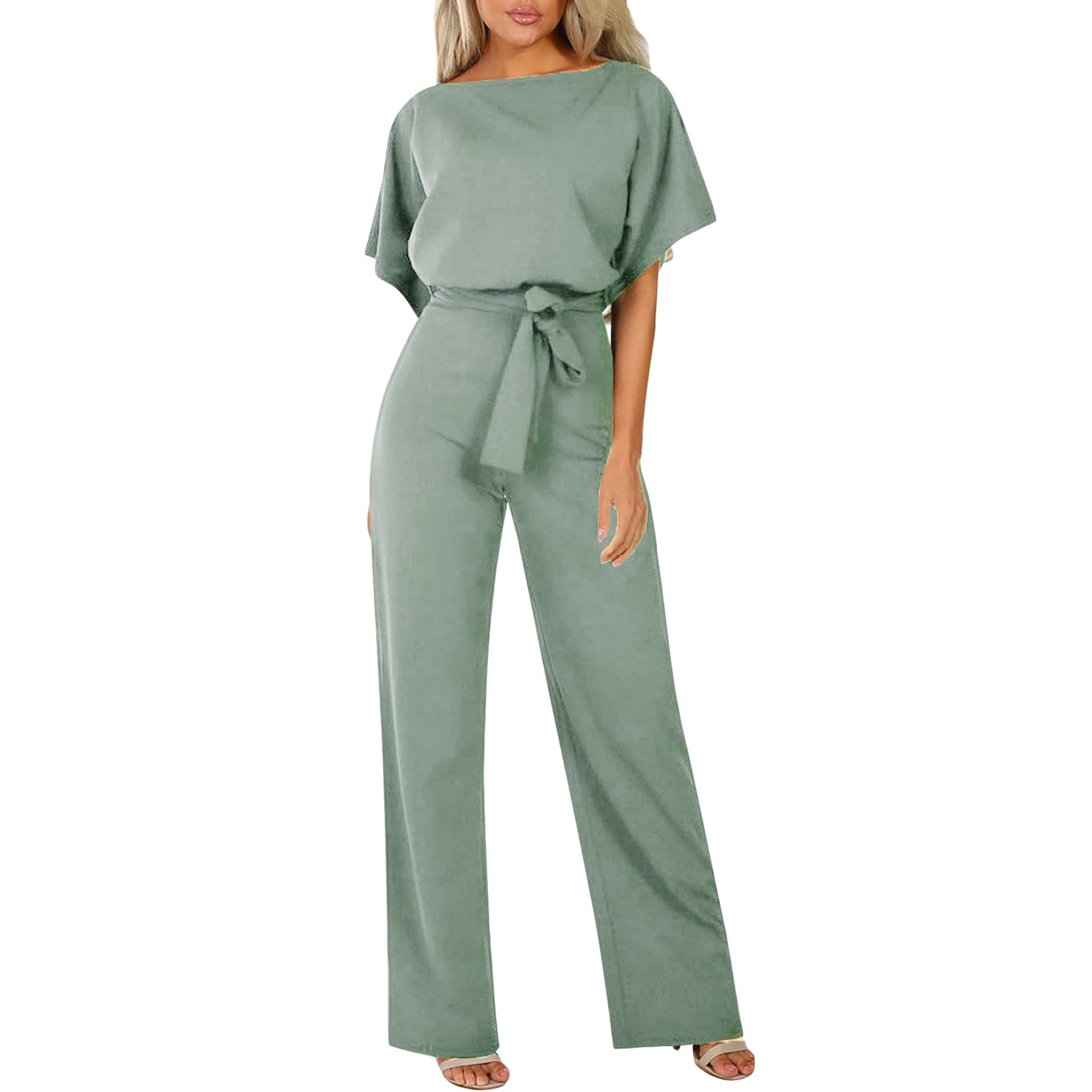 Damen Rundhalsausschnitt Weites Bein Jumpsuit | mit Bindegürtel