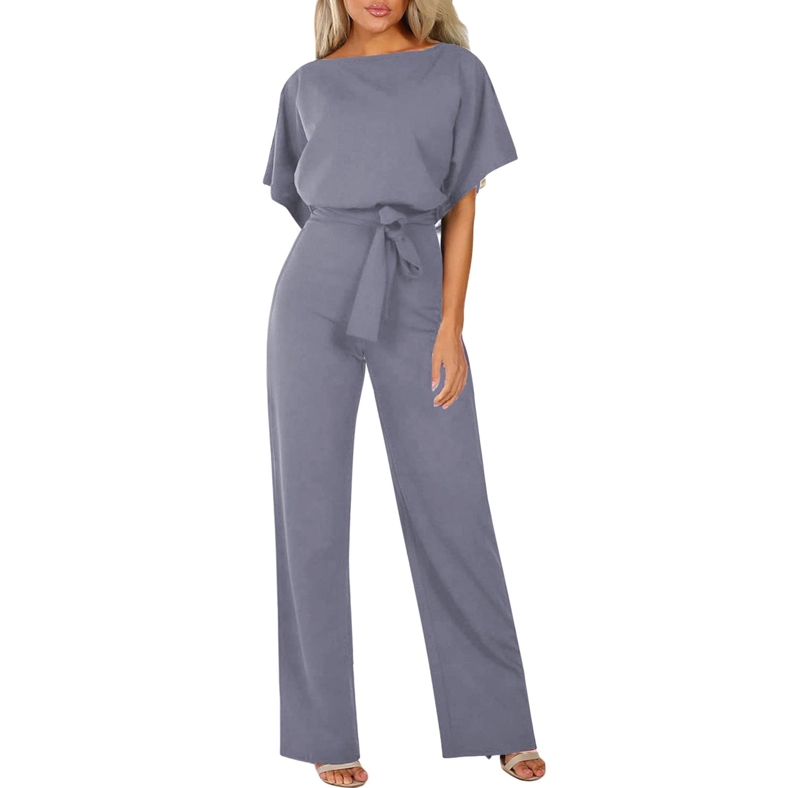 Damen Rundhalsausschnitt Weites Bein Jumpsuit | mit Bindegürtel