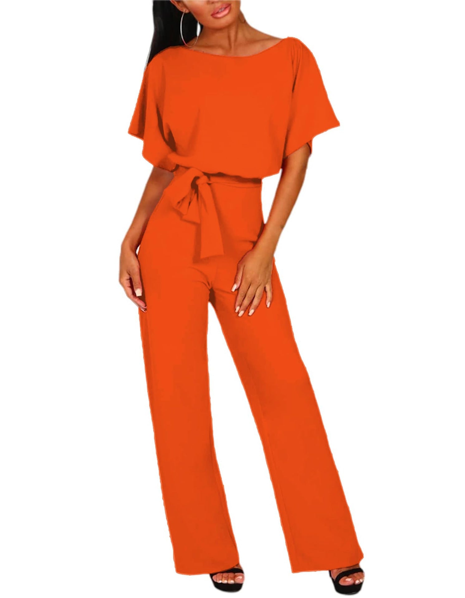 Damen Rundhalsausschnitt Weites Bein Jumpsuit | mit Bindegürtel