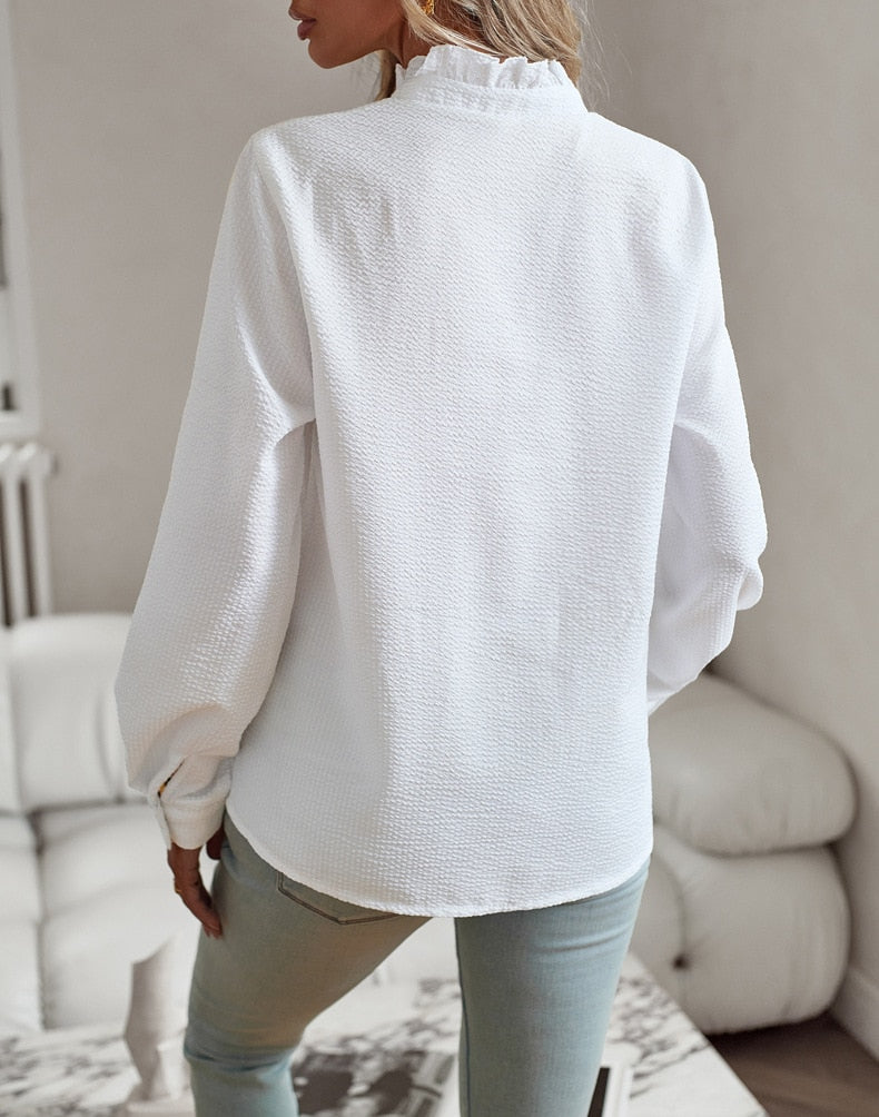 Damen Rüschenbesatz Knopfleiste Bluse | Langärmlig