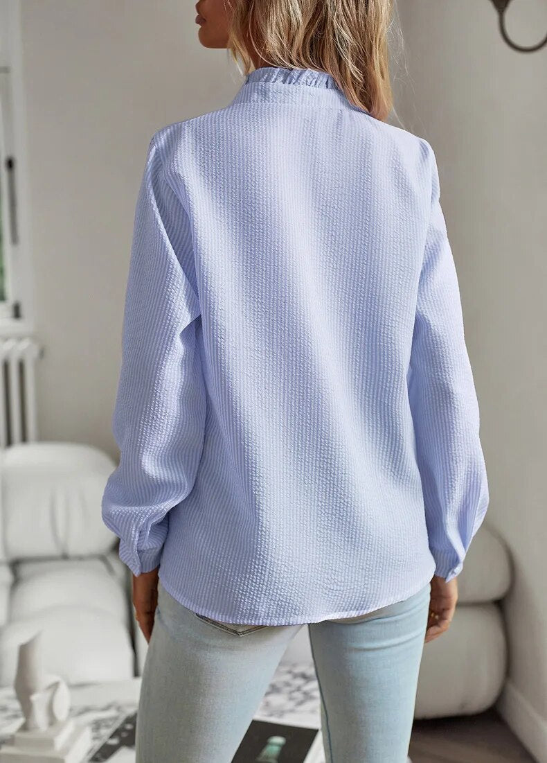 Damen Rüschenbesatz Knopfleiste Bluse | Langärmlig