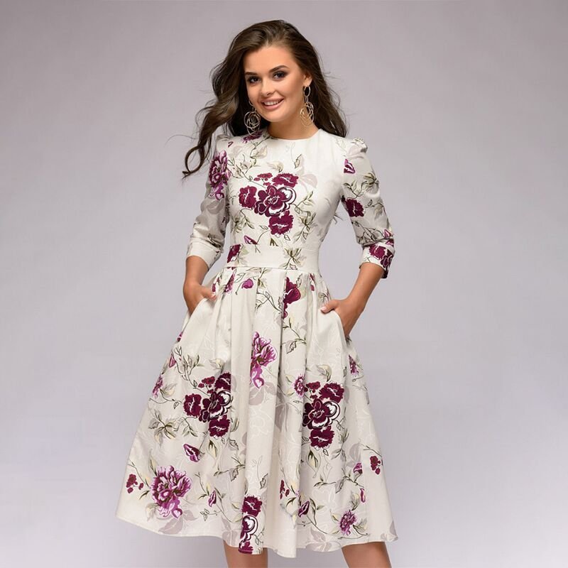 Damen Blumendruck Hochzeitsgast Kleid | Midi