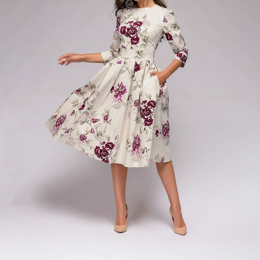 Damen Blumendruck Hochzeitsgast Kleid | Midi