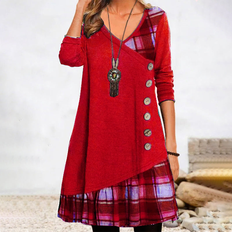 Damen Karo Lange Ärmeln Knöpfen Kleid | Midi