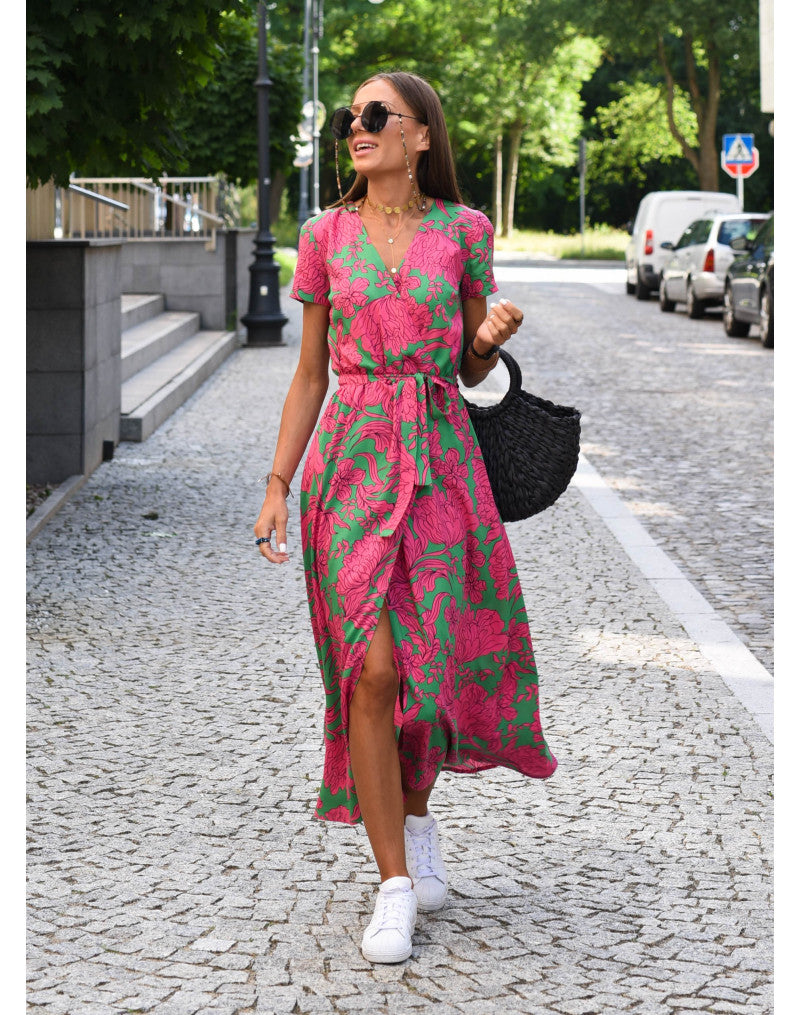 Damen V-Ausschnitt Kurzarm Wickelkleid | Midi