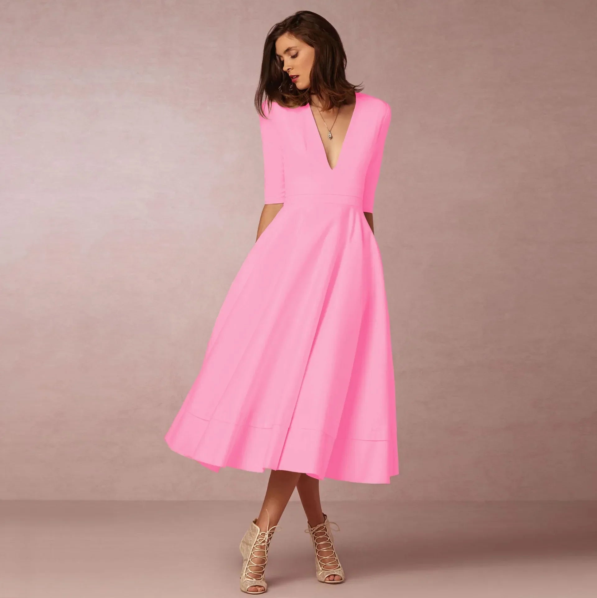 Damen V-Ausschnitt Hochzeitsgast Kleid | Midi