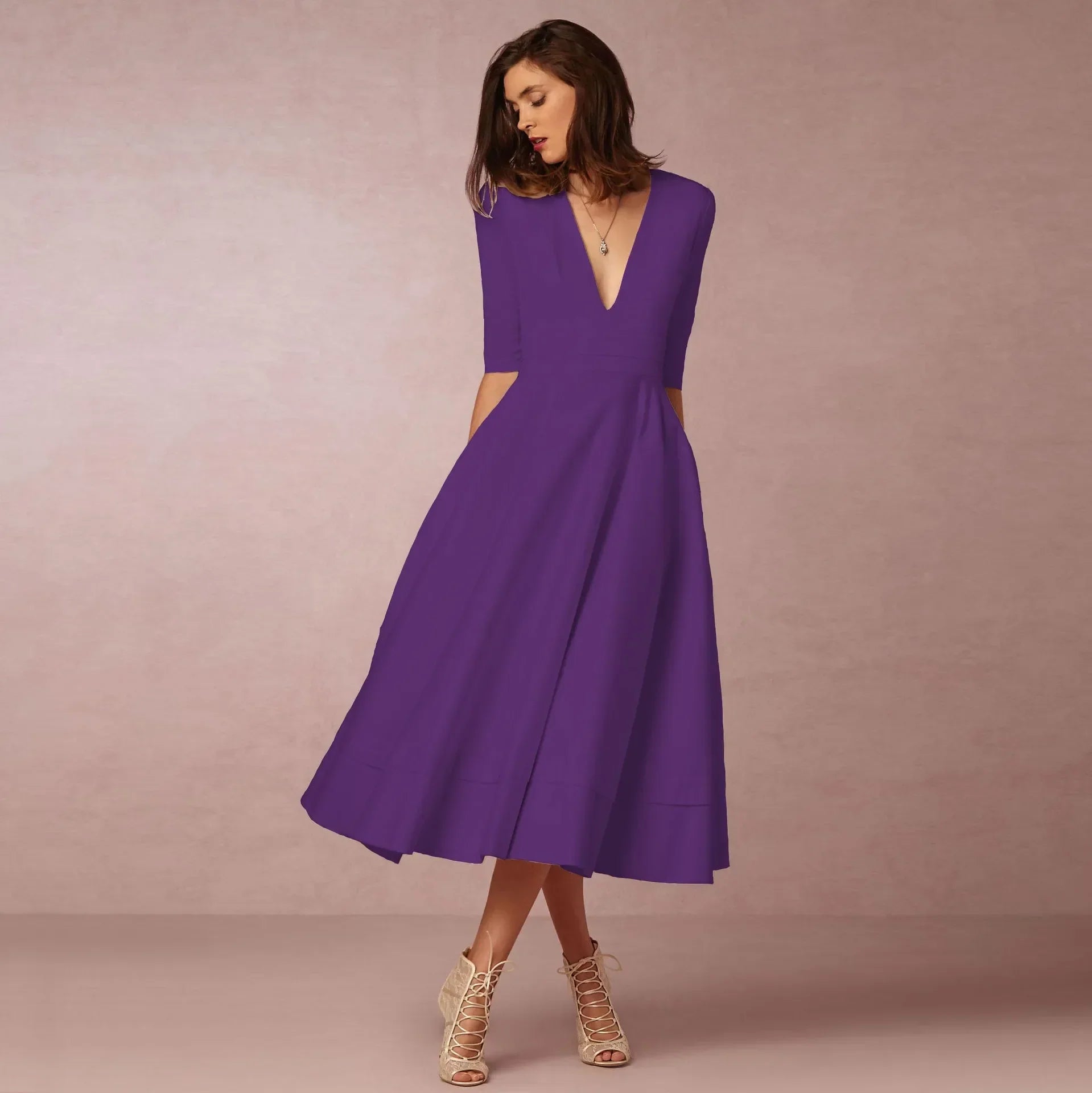 Damen V-Ausschnitt Hochzeitsgast Kleid | Midi