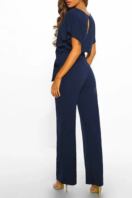 Damen Kurzen Ärmeln Weitem Bein Jumpsuit | mit Taillengürtel
