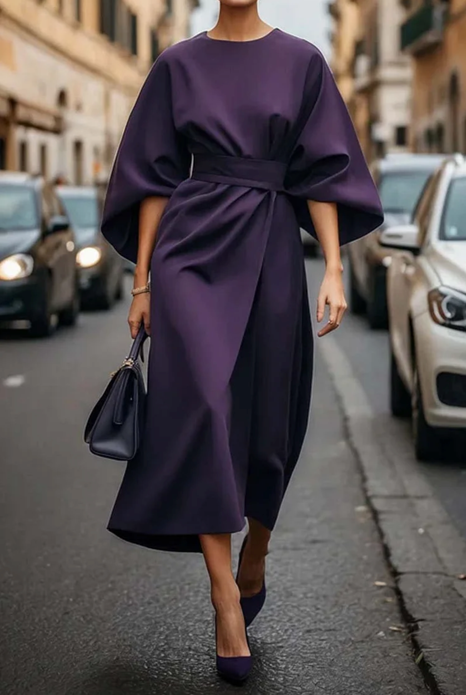 Damen Laternenärmeln Formelle Midikleid | Mit Gürtel
