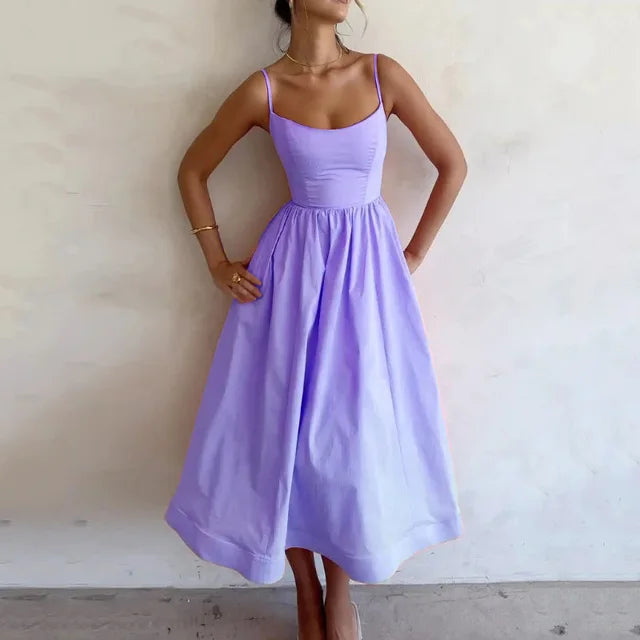 Damen A-Linien Spaghettiträger Kleid | Midi