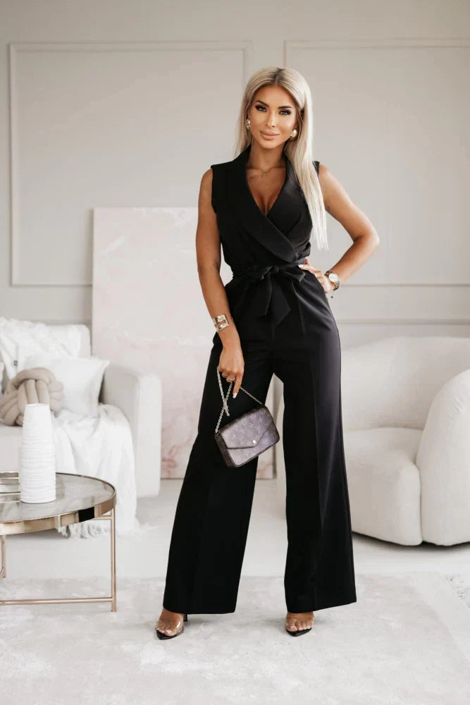 Damen Ärmelloser Reverskragen Weitem Bein Jumpsuit | mit Bindegürtel