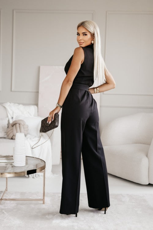 Damen Ärmelloser Reverskragen Weitem Bein Jumpsuit | mit Bindegürtel