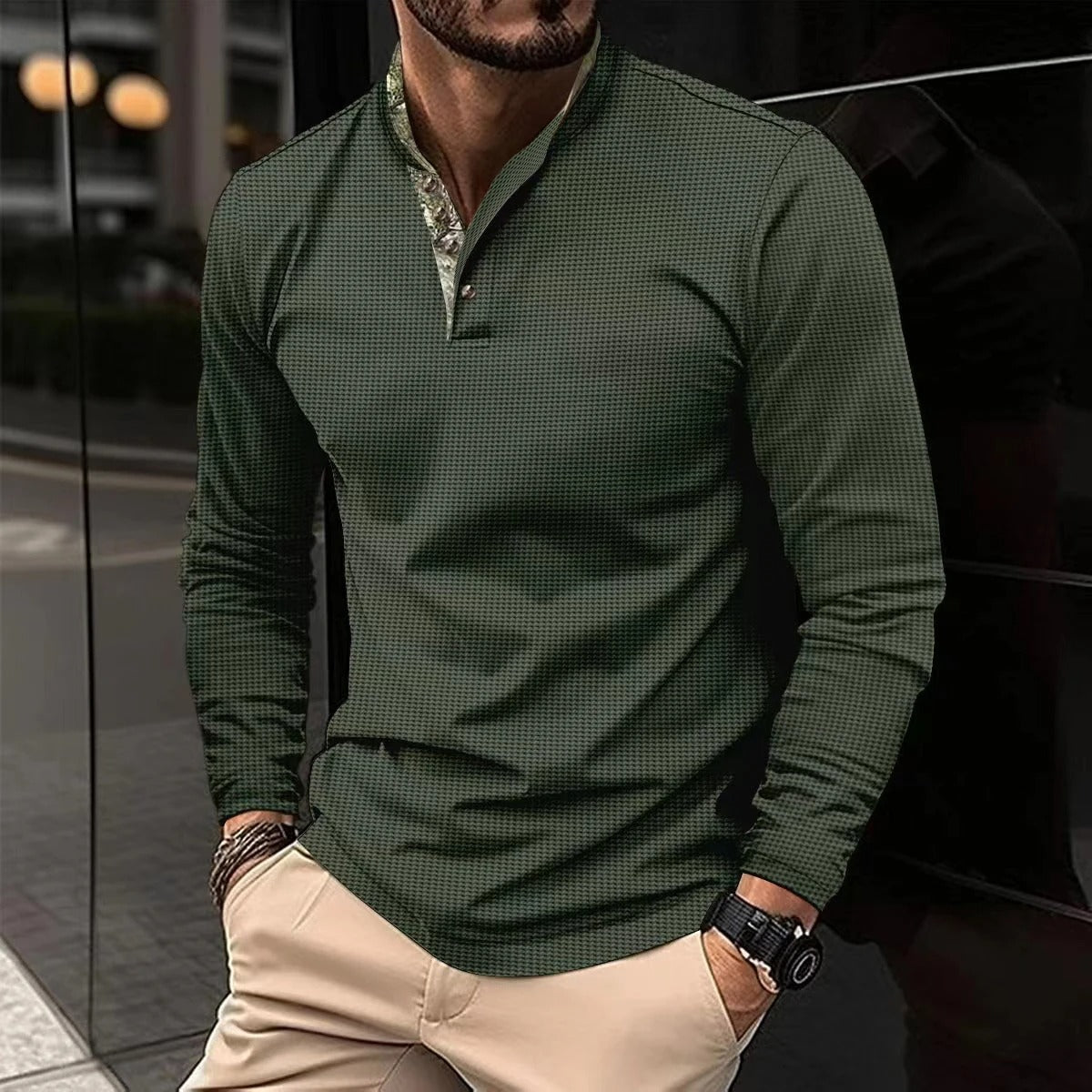 Herren Lässiges Stehkragen Henley-Polo-Shirt | Schmale Passform
