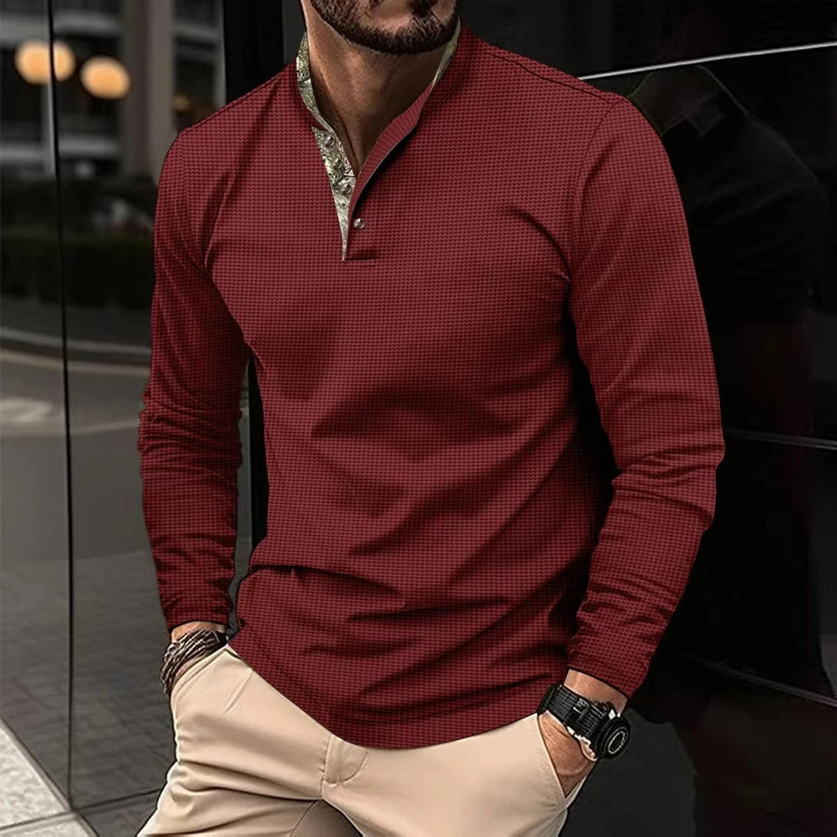 Herren Lässiges Stehkragen Henley-Polo-Shirt | Schmale Passform