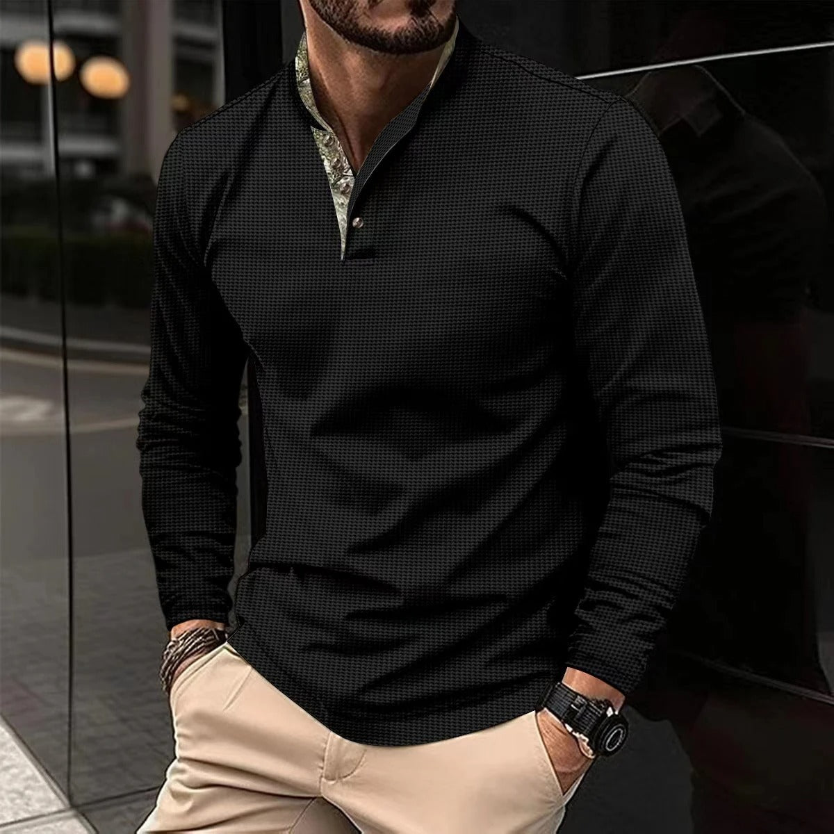 Herren Lässiges Stehkragen Henley-Polo-Shirt | Schmale Passform