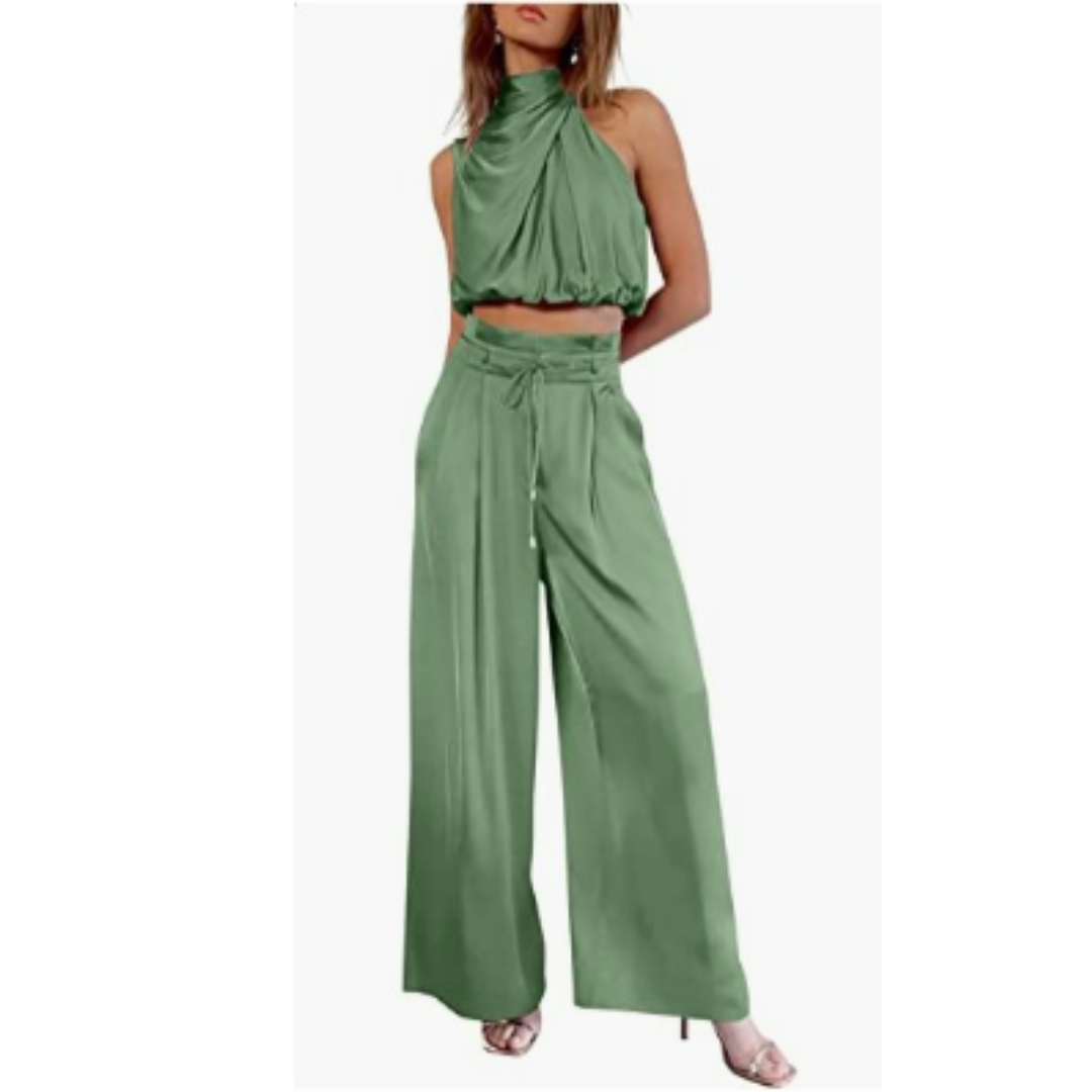 Damen Neckholder-Crop-Top und Weit Bein Hose | Zweiteiliges Set