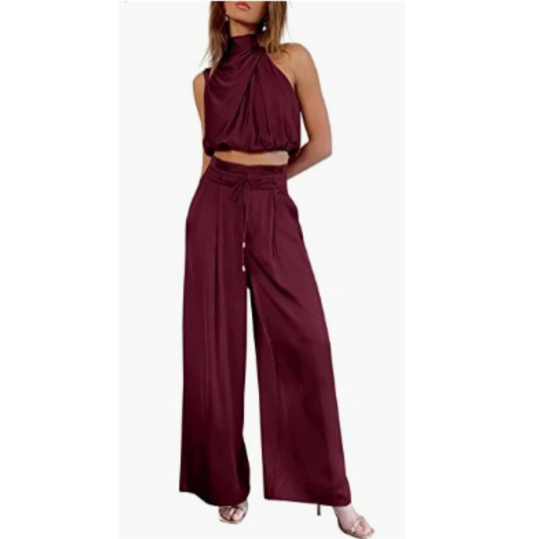 Damen Neckholder-Crop-Top und Weit Bein Hose | Zweiteiliges Set