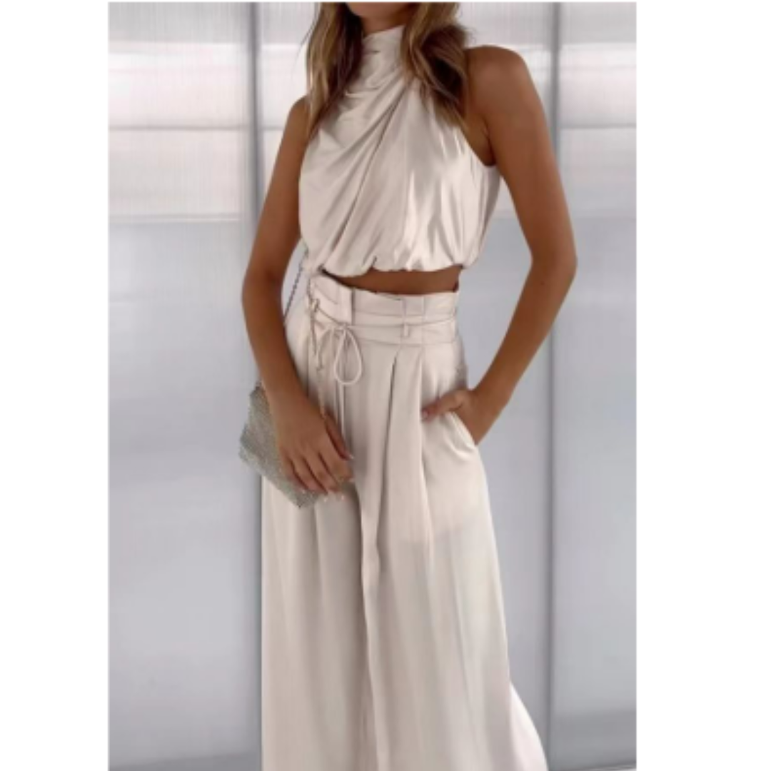 Damen Neckholder-Crop-Top und Weit Bein Hose | Zweiteiliges Set