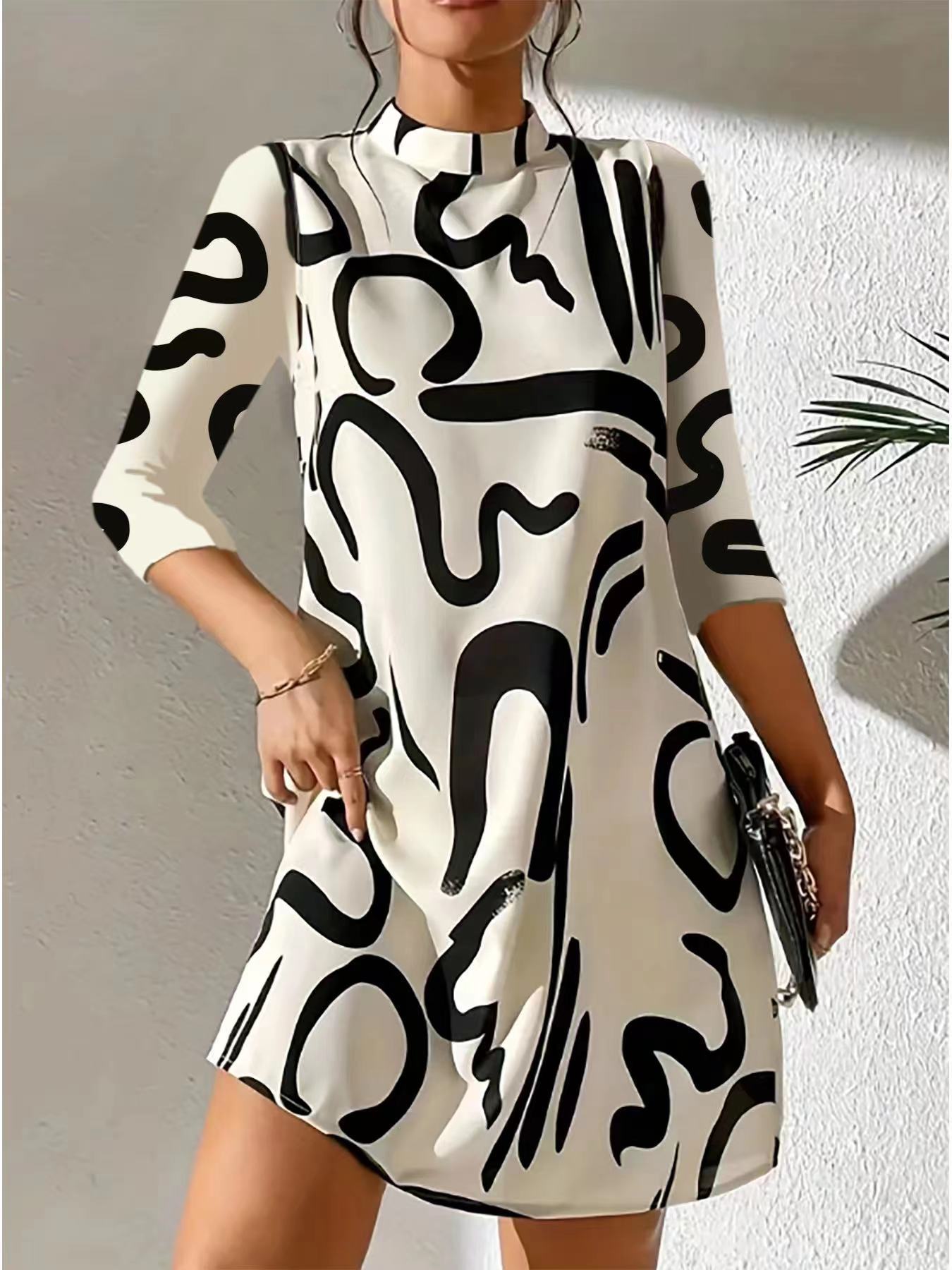 Damen Lässig Locker Sitzendes Stehkragen Kleid | 3/4 Ärmel