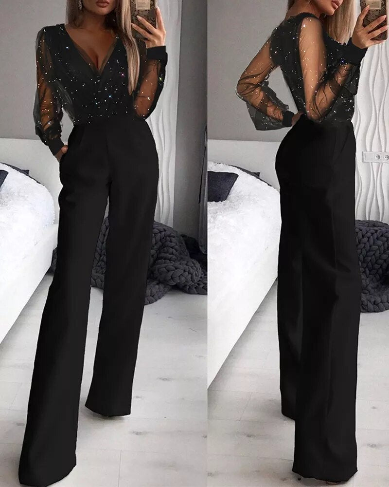 Damen V-Ausschnitt Festlicher Jumpsuit | Langärmlig