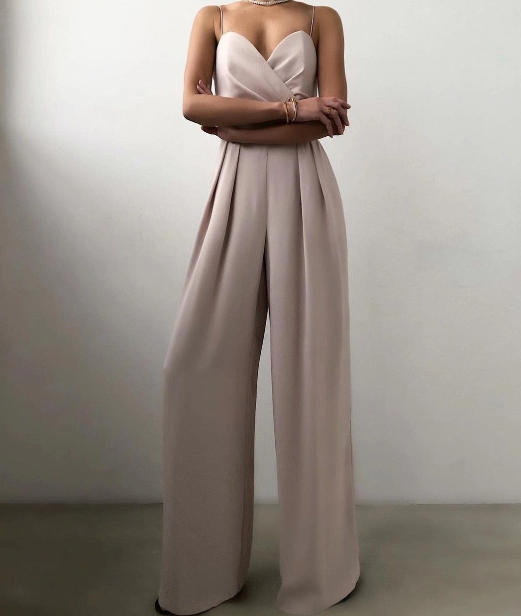 Damen Falten Weitem Bein Jumpsuit | Spaghettiträger