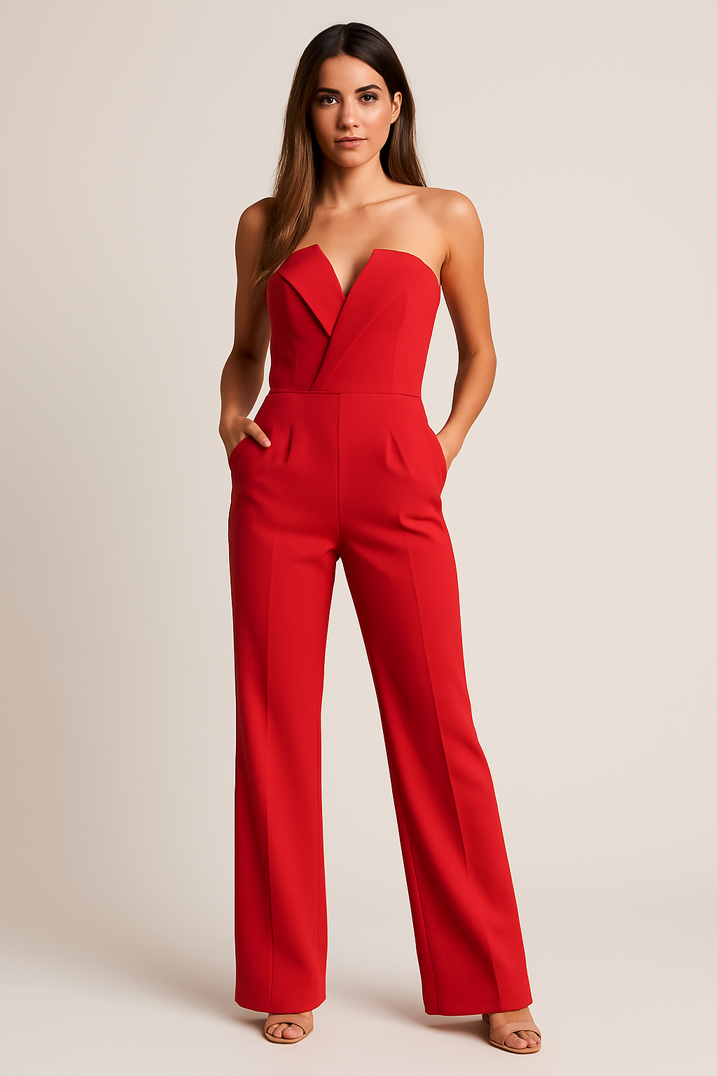 Damen Trägerloser Einteiler Jumpsuit | mit V-Ausschnitt