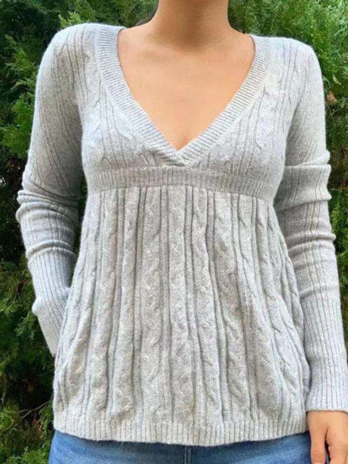 Vintage Grauer V-Ausschnitt Pullover mit Häkel A-Linien-Saum