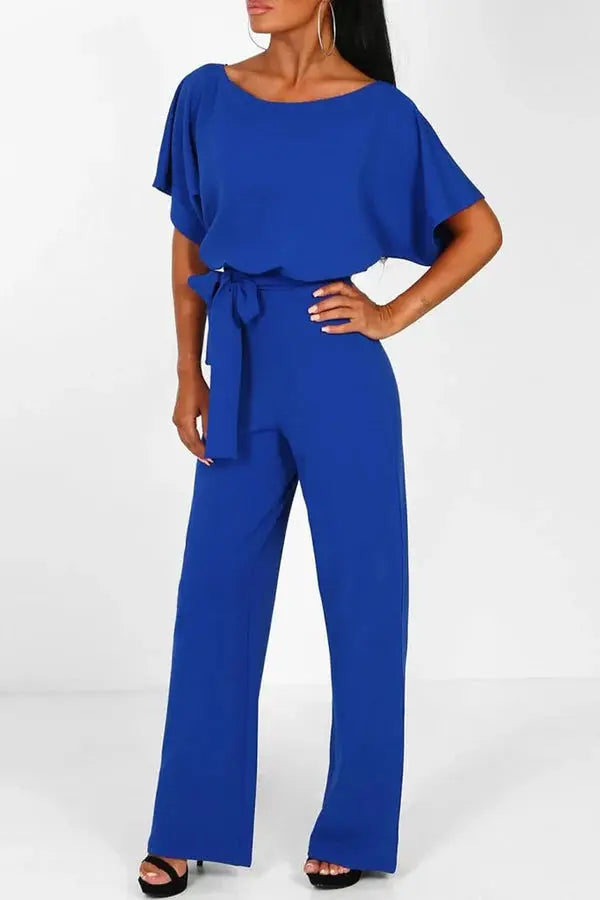 Damen Kurzen Ärmeln Weitem Bein Jumpsuit | mit Taillengürtel