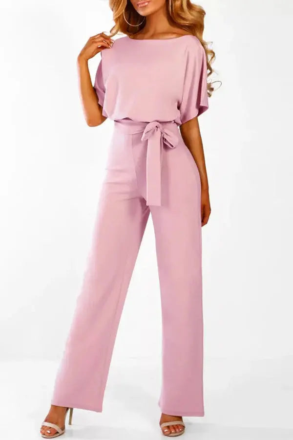 Damen Kurzen Ärmeln Weitem Bein Jumpsuit | mit Taillengürtel