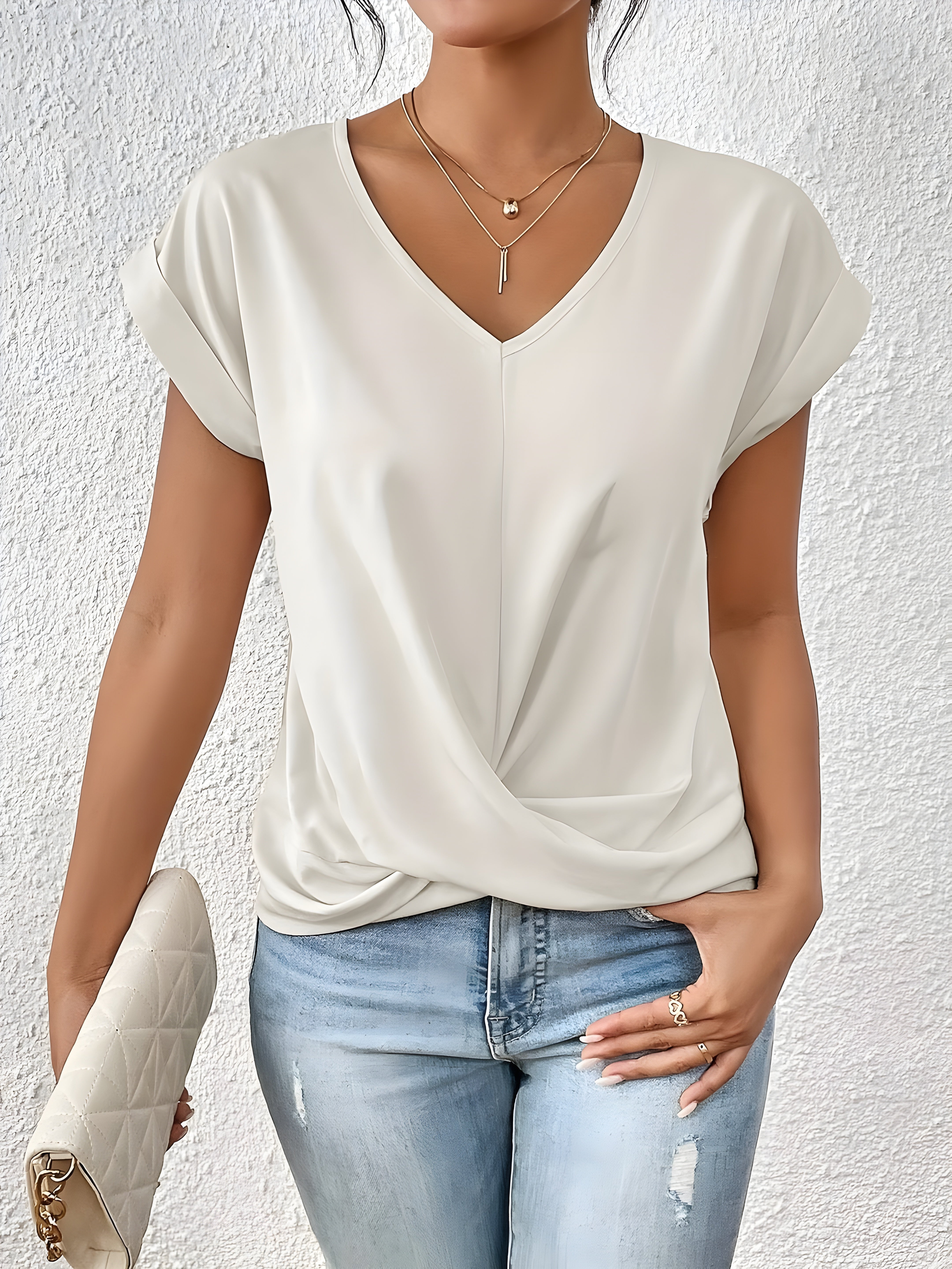 Damen Einfarbig V-Ausschnitt T-Shirt | Kurzarm