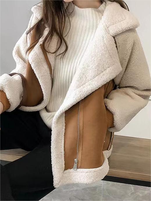 Oversize Warme Vegan Pelz Wildleder Patch Jacke