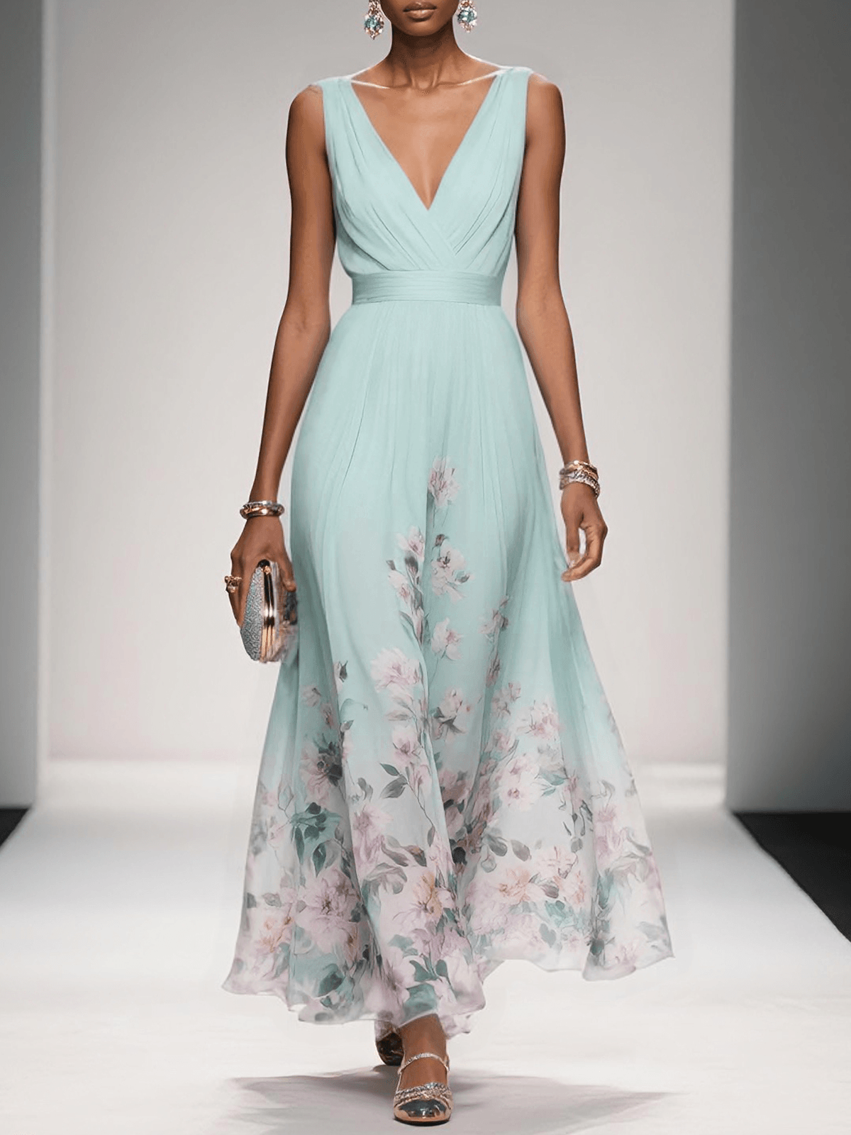 Damen Blumen Ärmellos V-Ausschnitt Hochzeitsgast Kleid | Maxi