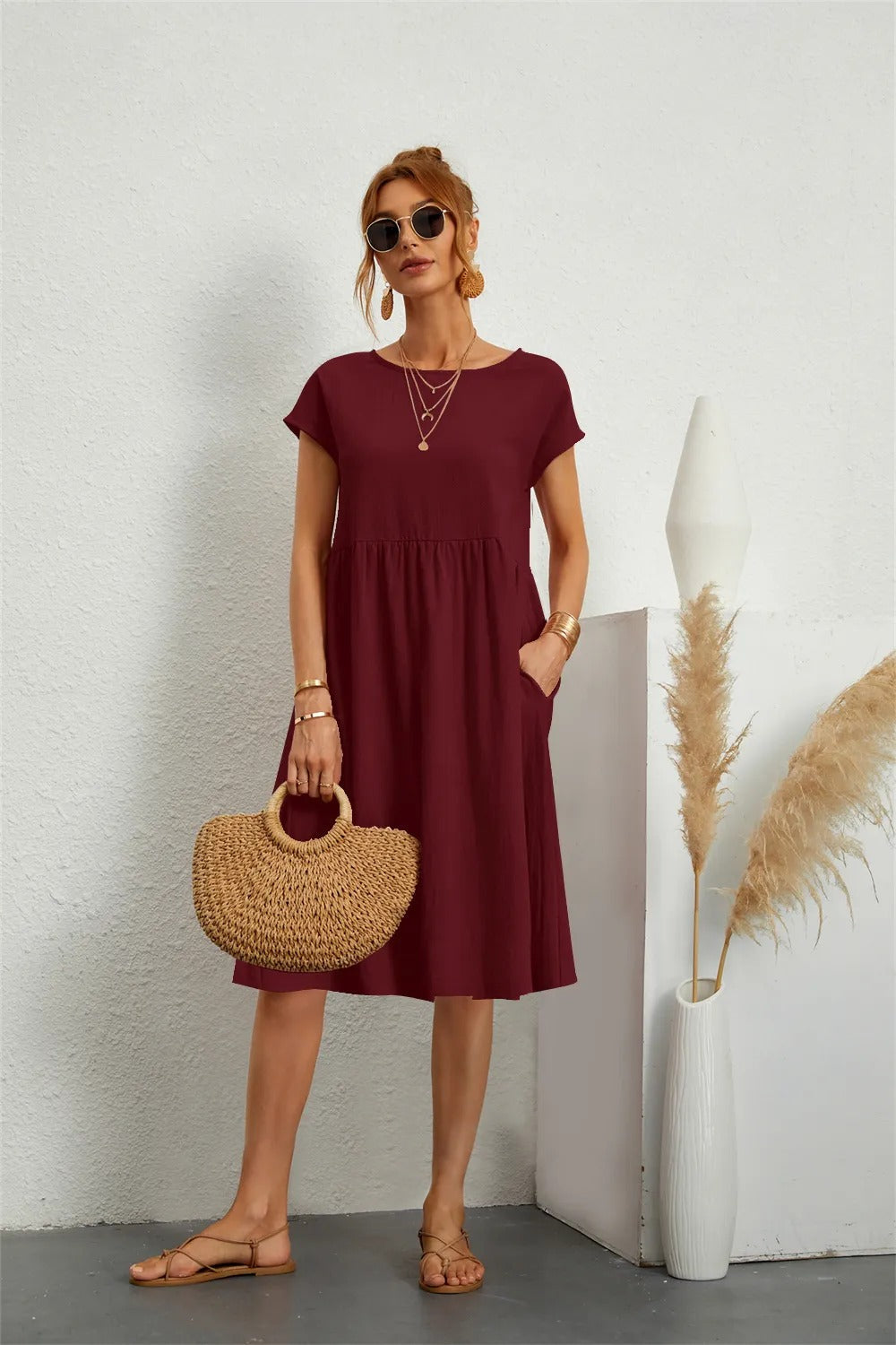 Damen Lässig Kurzarm Midikleid | mit Taschen