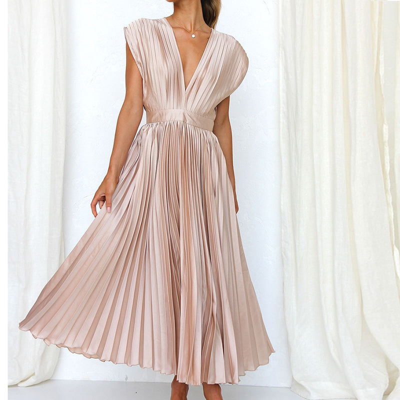 Damen V-Ausschnitt Plissiertes Abendkleid | Maxi