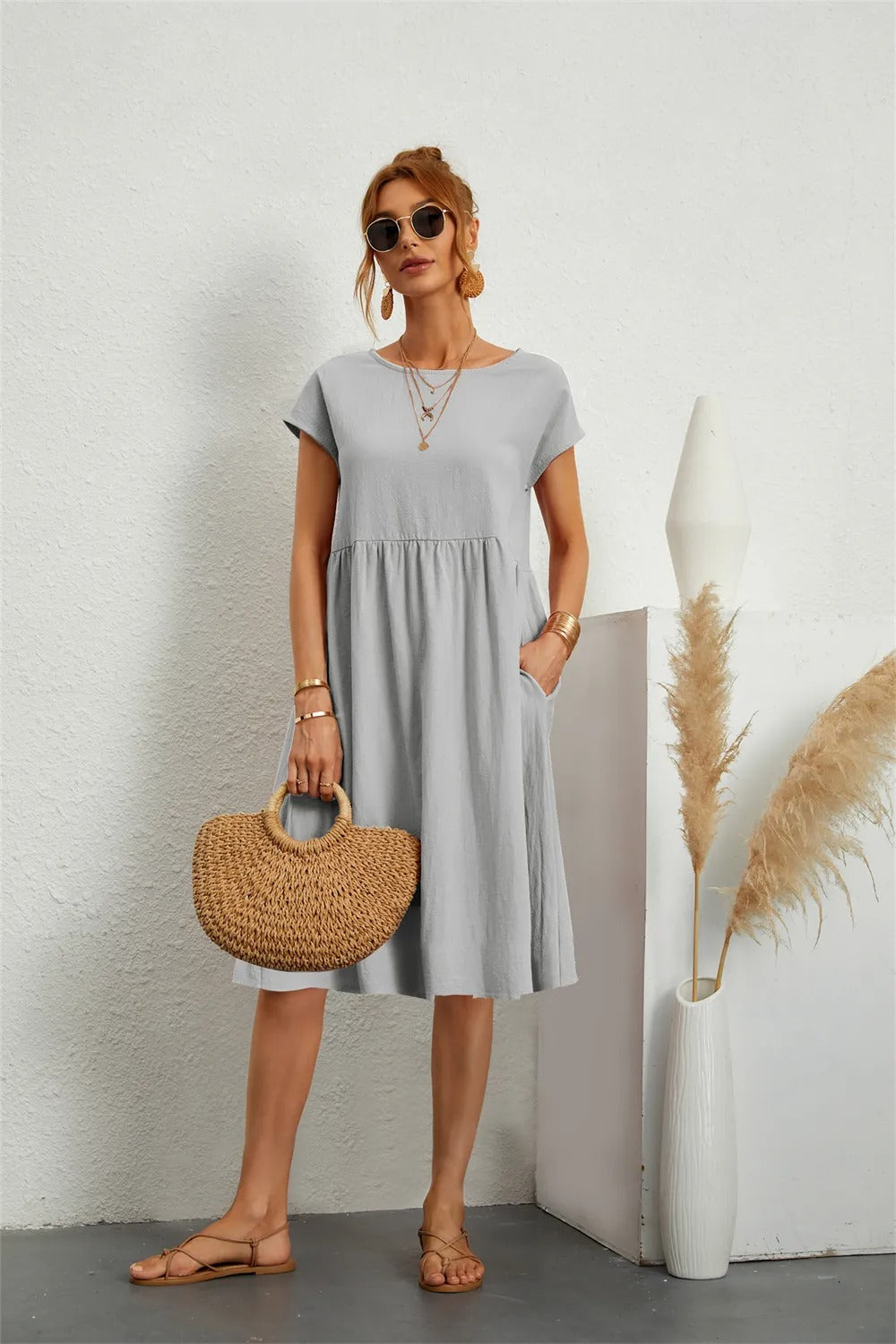 Damen Lässig Kurzarm Midikleid | mit Taschen