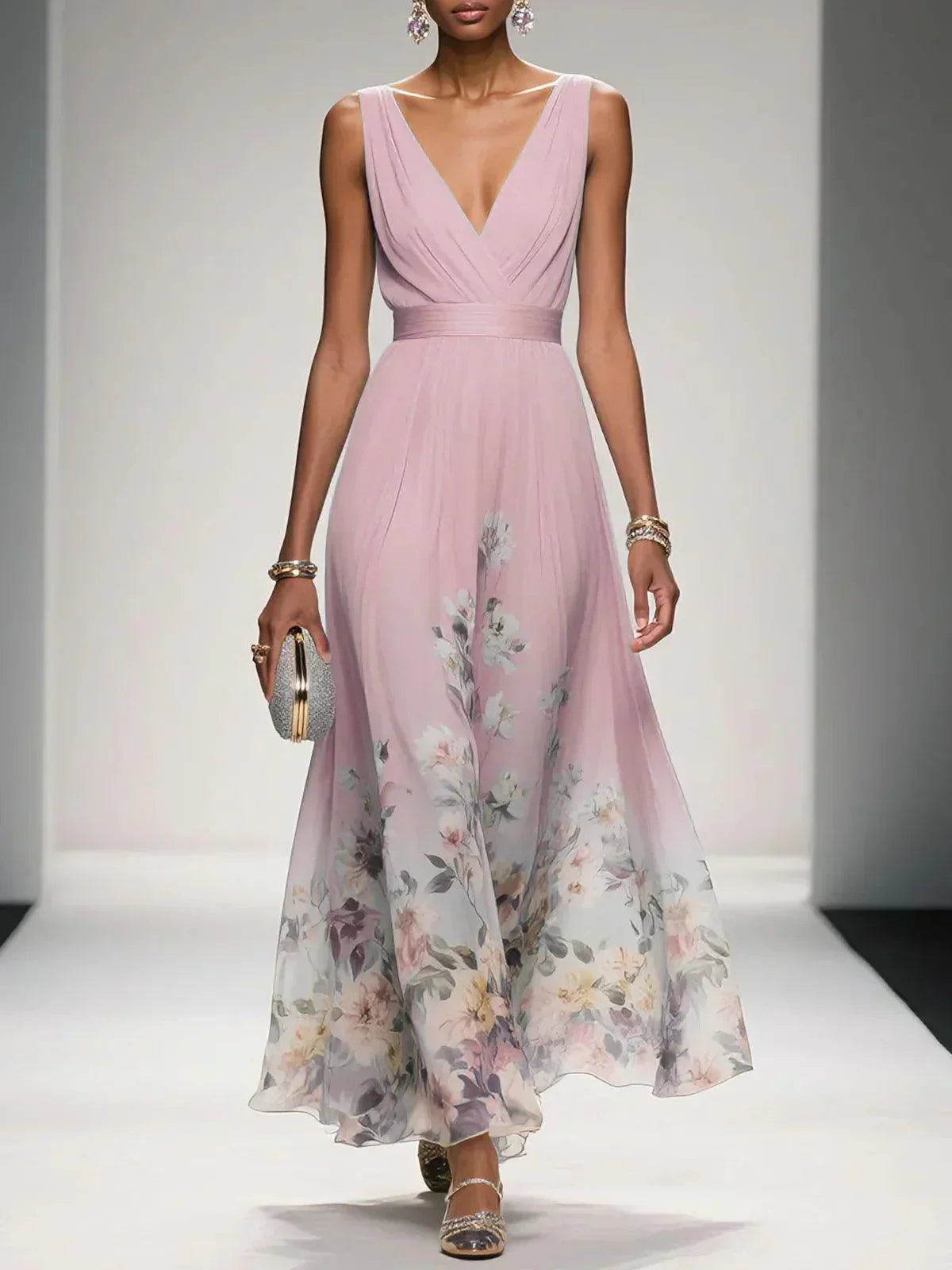 Damen Blumen Ärmellos V-Ausschnitt Hochzeitsgast Kleid | Maxi