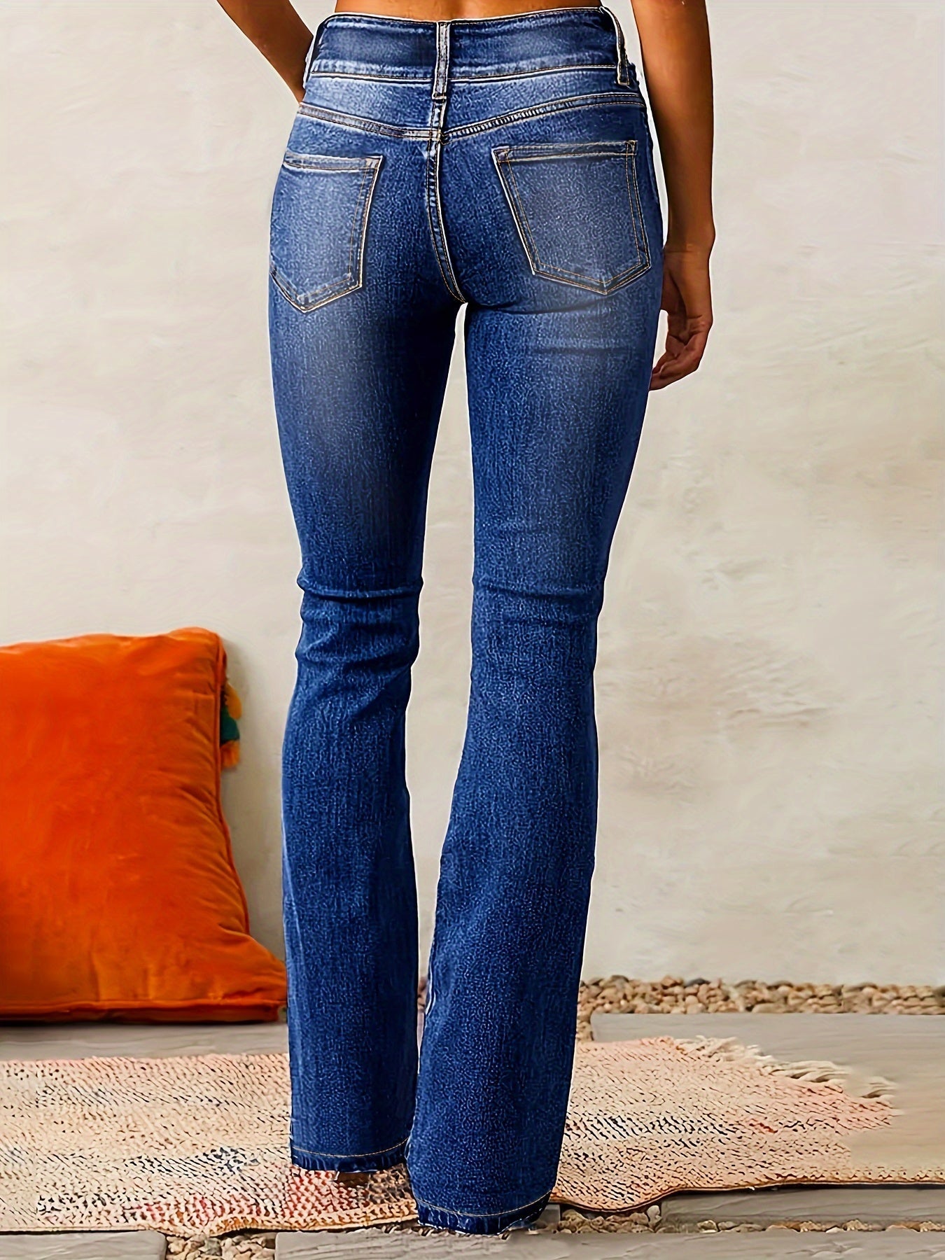 Damen Hoch Tailliert Schlagjeans | Doppelknopf Verschluss