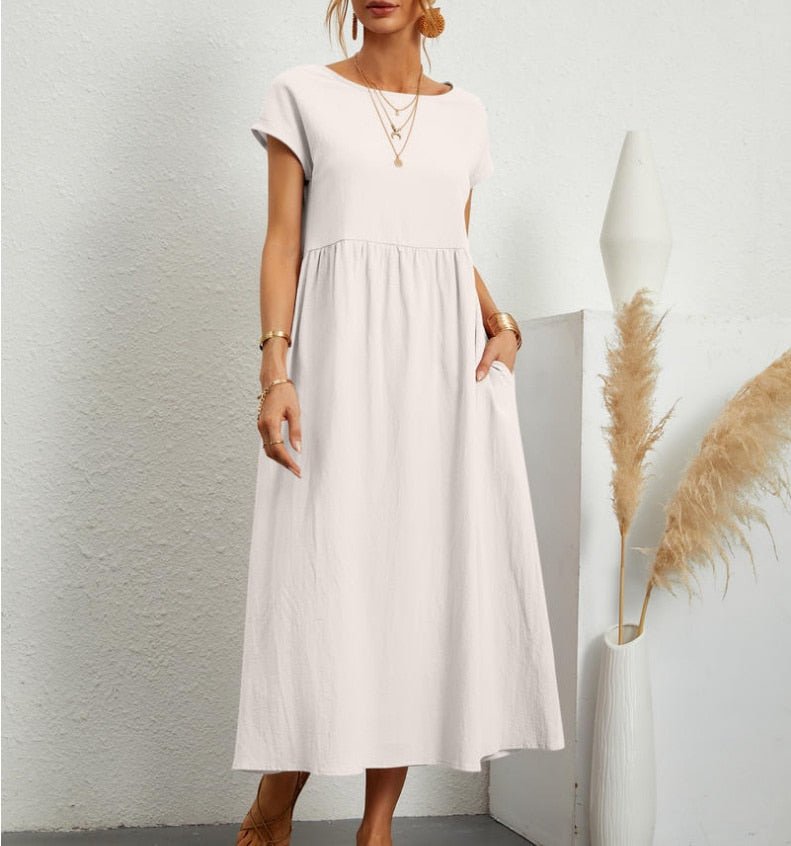 Damen Lässig Midikleid | Kurze Ärmel mit Taschen