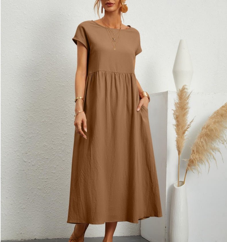 Damen Lässig Midikleid | Kurze Ärmel mit Taschen