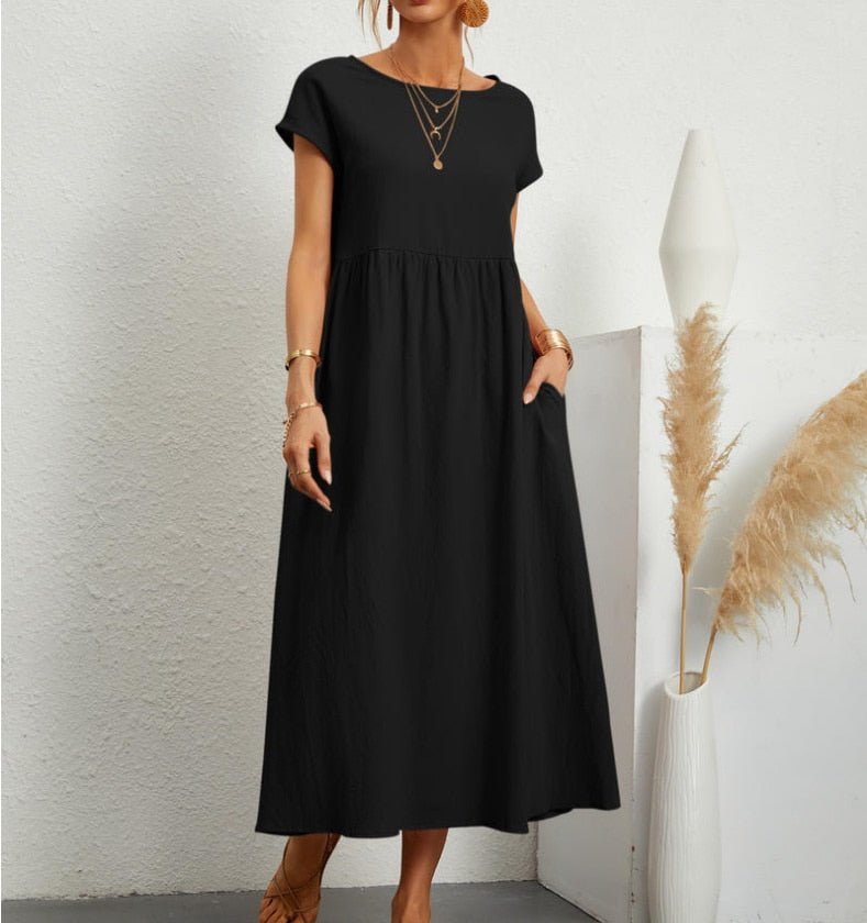 Damen Lässig Midikleid | Kurze Ärmel mit Taschen