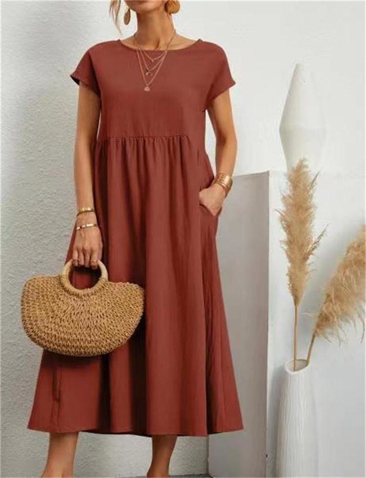 Damen Lässig Midikleid | Kurze Ärmel mit Taschen