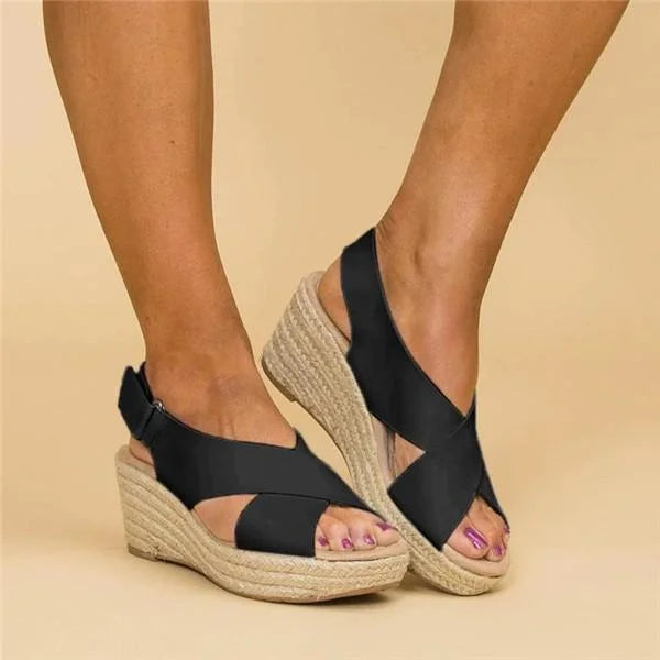 Damen Espadrille Keilabsatz Plateau Sandalen | mit Gekreuzten Riemen