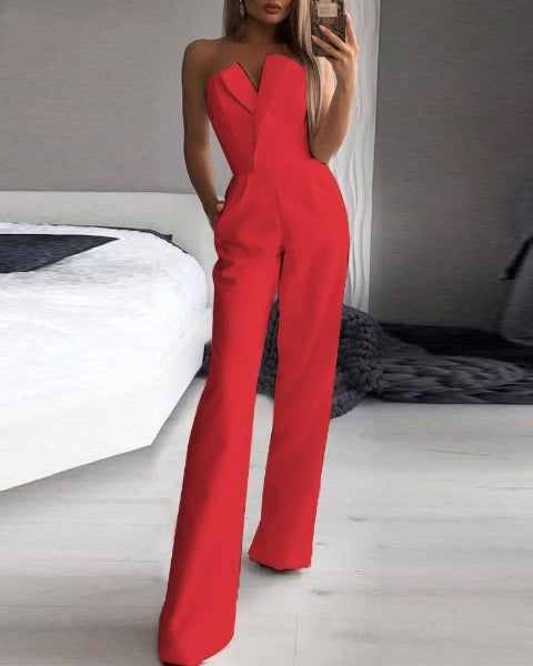 Damen Trägerlos Weites Bein Jumpsuit | V-Ausschnitt